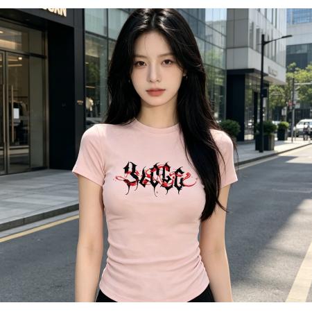 辣妹收腰紧身短袖t恤夏季美式字母修身显瘦短款正肩上衣女 服裝批發女裝批發服飾貨源