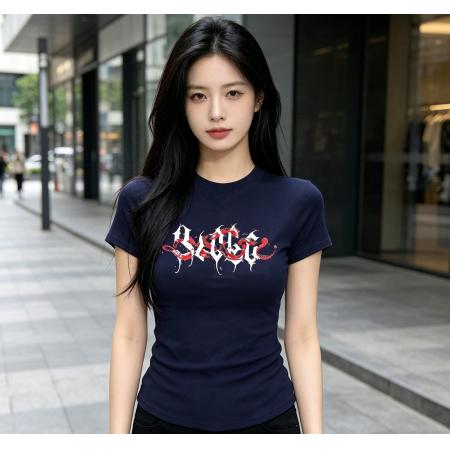 辣妹收腰紧身短袖t恤夏季美式字母修身显瘦短款正肩上衣女 服裝批發女裝批發服飾貨源