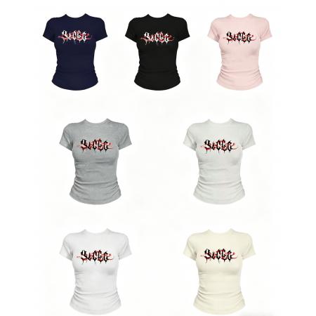 辣妹收腰紧身短袖t恤夏季美式字母修身显瘦短款正肩上衣女 服裝批發女裝批發服飾貨源