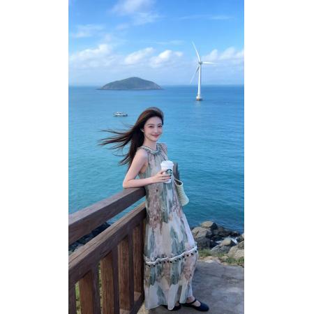 影绿复古印花连衣裙女夏季打揽设计无袖挂脖长裙 服裝批發女裝批發服飾貨源