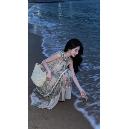 影绿复古印花连衣裙女夏季打揽设计无袖挂脖长裙 服裝批發女裝批發服飾貨源