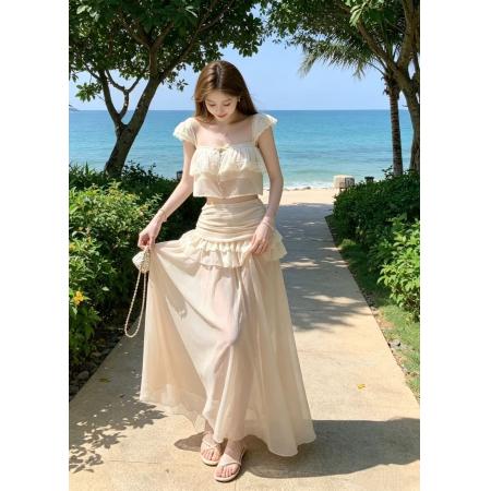 粉色珊瑚信ch1oe蕾丝短上衣褶皱长裙/短裙时髦套装 服裝批發女裝批發服飾貨源