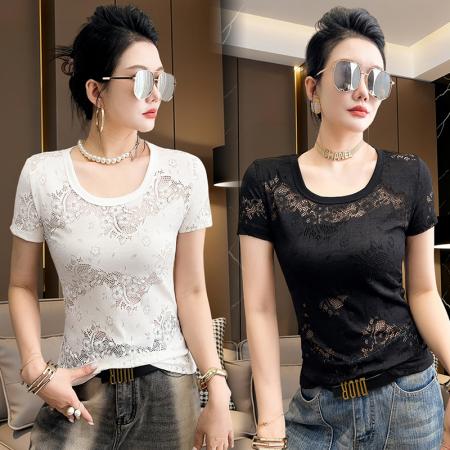 春夏新款圆领短袖镂空蕾丝t恤女...