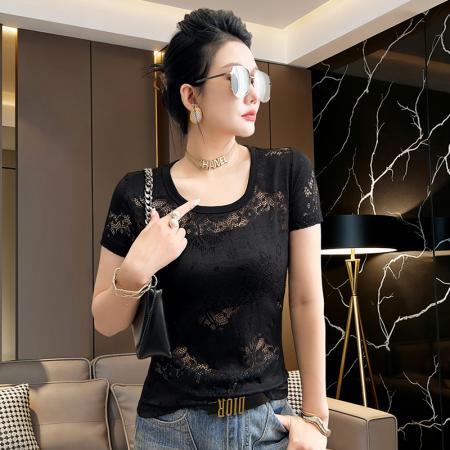 春夏新款圆领短袖镂空蕾丝t恤女时尚修身打底衫潮 服裝批發女裝批發服飾貨源