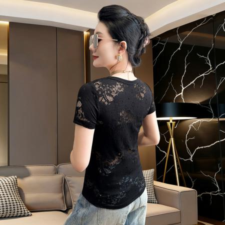 春夏新款圆领短袖镂空蕾丝t恤女时尚修身打底衫潮 服裝批發女裝批發服飾貨源