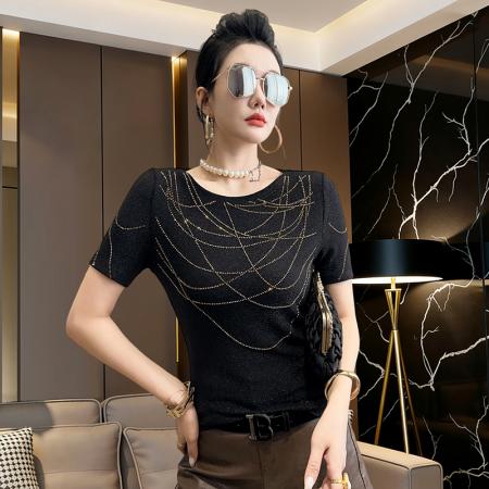 夏新款烫钻网纱圆领短袖工艺t恤女时尚修身打底衫潮 服裝批發女裝批發服飾貨源