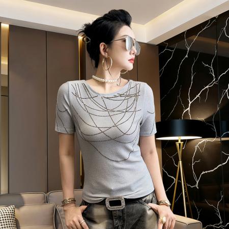 夏新款烫钻网纱圆领短袖工艺t恤女时尚修身打底衫潮 服裝批發女裝批發服飾貨源