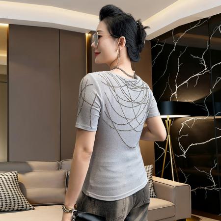 夏新款烫钻网纱圆领短袖工艺t恤女时尚修身打底衫潮 服裝批發女裝批發服飾貨源