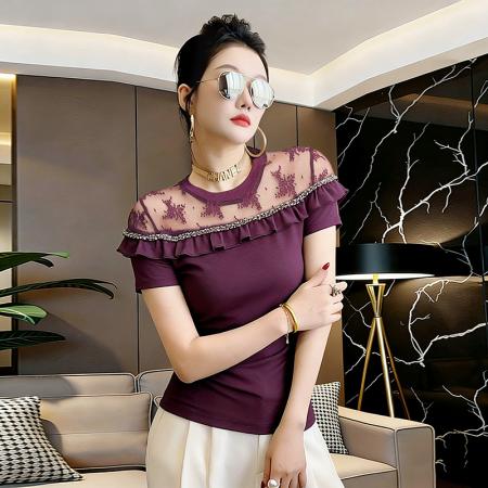 夏新款钉珠网纱拼接圆领棉短袖工艺t恤女时尚修身打底衫潮 服裝批發女裝批發服飾貨源