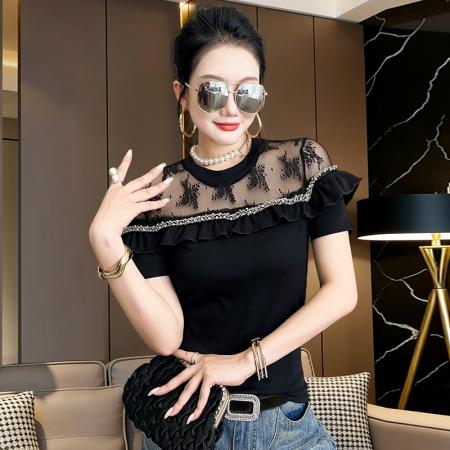夏新款钉珠网纱拼接圆领棉短袖工艺t恤女时尚修身打底衫潮 服裝批發女裝批發服飾貨源