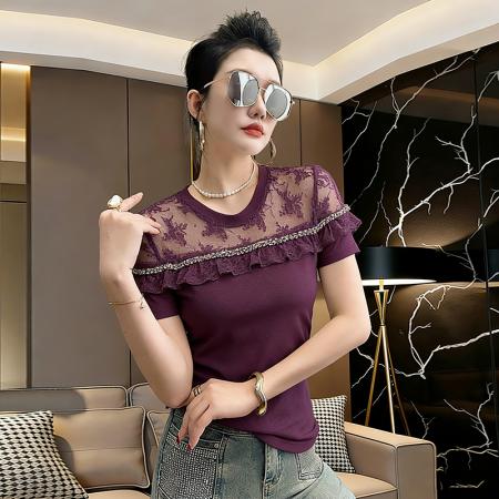 夏新款钉珠网纱拼接圆领棉短袖工艺t恤女时尚修身打底衫潮 服裝批發女裝批發服飾貨源