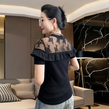 夏新款钉珠网纱拼接圆领棉短袖工艺t恤女时尚修身打底衫潮 服裝批發女裝批發服飾貨源