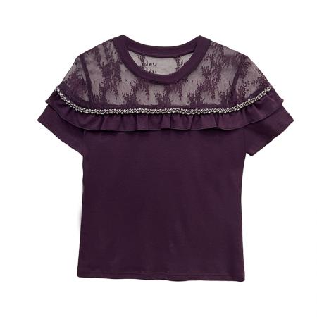 夏新款钉珠网纱拼接圆领棉短袖工艺t恤女时尚修身打底衫潮 服裝批發女裝批發服飾貨源