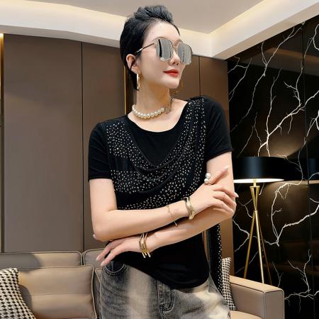 夏新款烫钻飘带拼接圆领短袖工艺t恤女时尚修身打底衫潮 服裝批發女裝批發服飾貨源