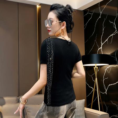 夏新款烫钻飘带拼接圆领短袖工艺t恤女时尚修身打底衫潮 服裝批發女裝批發服飾貨源