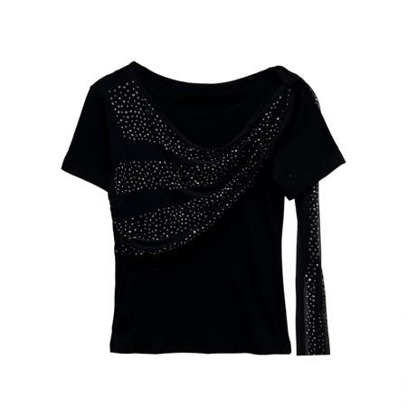 夏新款烫钻飘带拼接圆领短袖工艺t恤女时尚修身打底衫潮 服裝批發女裝批發服飾貨源