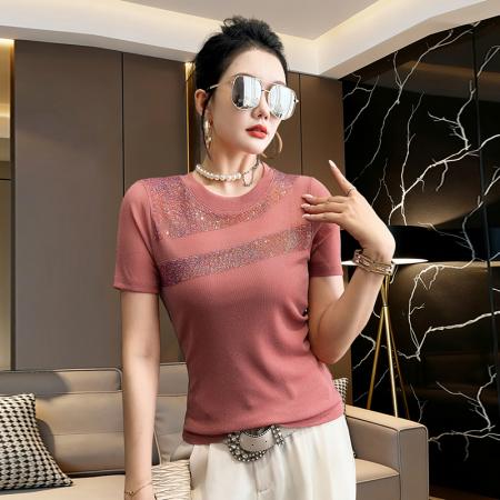 夏新款烫钻网纱拼接圆领短袖工艺t恤女时尚修身打底衫潮 服裝批發女裝批發服飾貨源