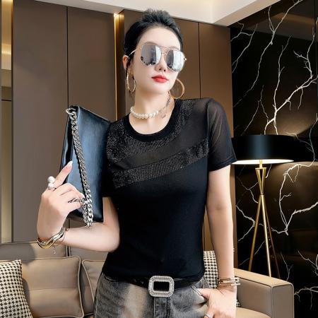 夏新款烫钻网纱拼接圆领短袖工艺t恤女时尚修身打底衫潮 服裝批發女裝批發服飾貨源
