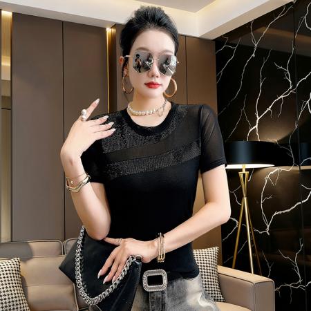 夏新款烫钻网纱拼接圆领短袖工艺t恤女时尚修身打底衫潮 服裝批發女裝批發服飾貨源