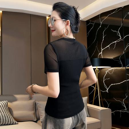 夏新款烫钻网纱拼接圆领短袖工艺t恤女时尚修身打底衫潮 服裝批發女裝批發服飾貨源