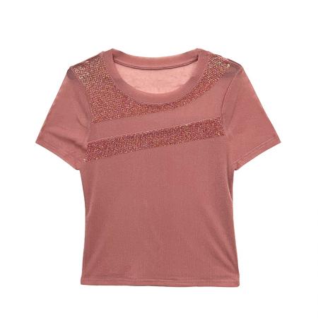 夏新款烫钻网纱拼接圆领短袖工艺t恤女时尚修身打底衫潮 服裝批發女裝批發服飾貨源