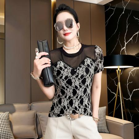春夏圆领手工钉珠网纱拼接短袖t恤女时尚修身时髦打底衫潮 服裝批發女裝批發服飾貨源