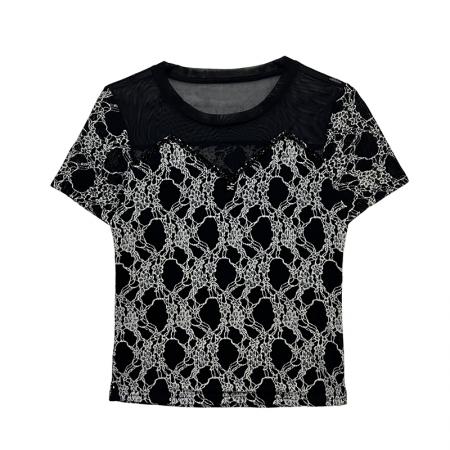 春夏圆领手工钉珠网纱拼接短袖t恤女时尚修身时髦打底衫潮 服裝批發女裝批發服飾貨源