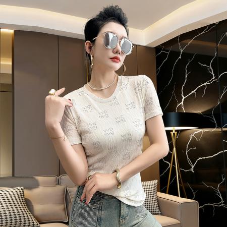 春夏新款圆领短袖镂空烫钻网纱t恤女时尚修身打底衫潮 服裝批發女裝批發服飾貨源