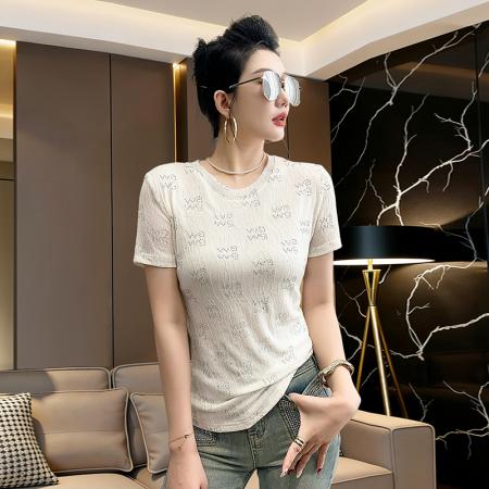 春夏新款圆领短袖镂空烫钻网纱t恤女时尚修身打底衫潮 服裝批發女裝批發服飾貨源