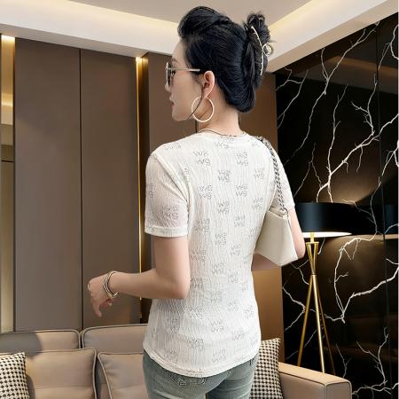 春夏新款圆领短袖镂空烫钻网纱t恤女时尚修身打底衫潮 服裝批發女裝批發服飾貨源