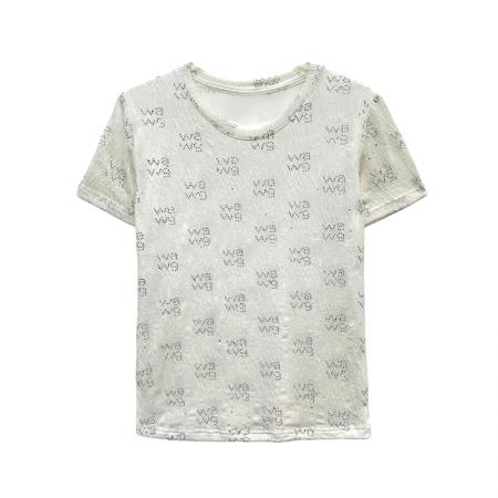 春夏新款圆领短袖镂空烫钻网纱t恤女时尚修身打底衫潮 服裝批發女裝批發服飾貨源