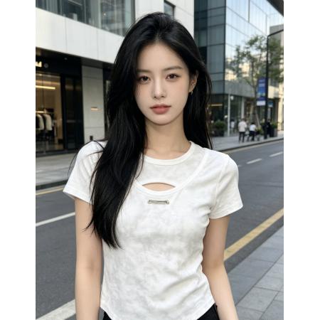 黑色辣妹风镂空短袖T恤女夏季欧货简约百搭修身显瘦圆领短款上衣 服裝批發女裝批發服飾貨源