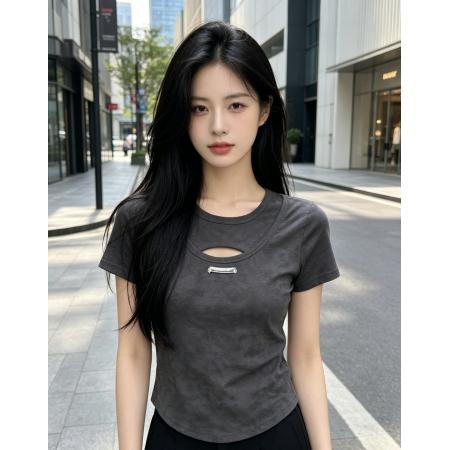 黑色辣妹风镂空短袖T恤女夏季欧货简约百搭修身显瘦圆领短款上衣 服裝批發女裝批發服飾貨源