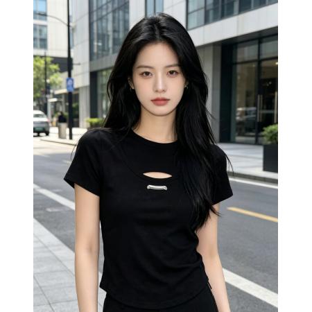 黑色辣妹风镂空短袖T恤女夏季欧货简约百搭修身显瘦圆领短款上衣 服裝批發女裝批發服飾貨源