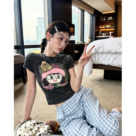 甜辣妹立体帽子印花洗水牛仔做旧春夏新ins潮韩日ootd减龄T恤 服裝批發女裝批發服飾貨源