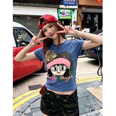 甜辣妹立体帽子印花洗水牛仔做旧春夏新ins潮韩日ootd减龄T恤 服裝批發女裝批發服飾貨源