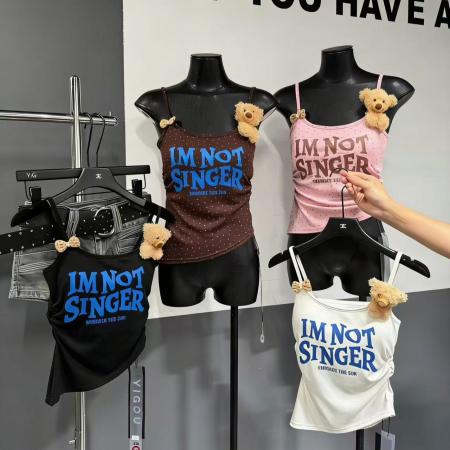 甜辣妹蝴蝶结小熊吊带有胸垫美背心波点春夏新ins潮减龄显瘦A 服裝批發女裝批發服飾貨源