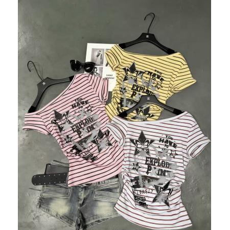 酷辣妹一字斜歪领露肩条纹星星束腰T恤春夏新ins潮韩日ootd飒 服裝批發女裝批發服飾貨源