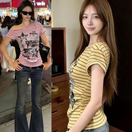 酷辣妹一字斜歪领露肩条纹星星束腰T恤春夏新ins潮韩日ootd飒 服裝批發女裝批發服飾貨源