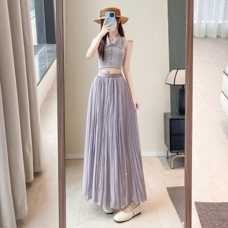 雪纺烫钻褶皱网纱半身裙女夏薄款高腰A字垂坠感中长款温柔蛋糕裙 服裝批發女裝批發服飾貨源