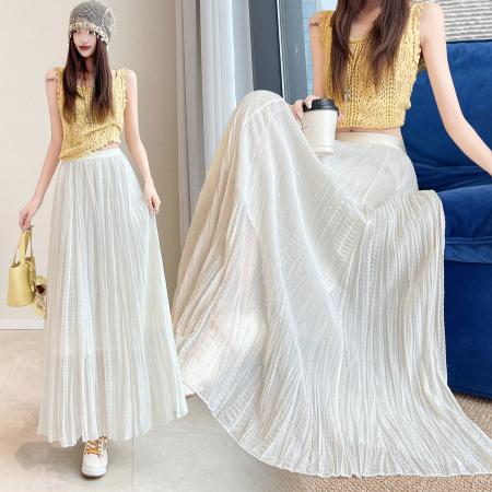 雪纺烫钻褶皱网纱半身裙女夏薄款高腰A字垂坠感中长款温柔蛋糕裙 服裝批發女裝批發服飾貨源