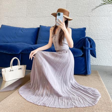 雪纺烫钻褶皱网纱半身裙女夏薄款高腰A字垂坠感中长款温柔蛋糕裙 服裝批發女裝批發服飾貨源