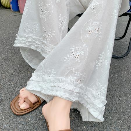 白色镂空蕾丝阔腿裤女夏季薄款花边勾花宽松休闲直筒九分裤子 服裝批發女裝批發服飾貨源