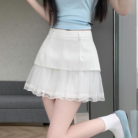 夏装新款高腰蕾丝拼接网纱A字半身裙女气质防走光短裙 服裝批發女裝批發服飾貨源