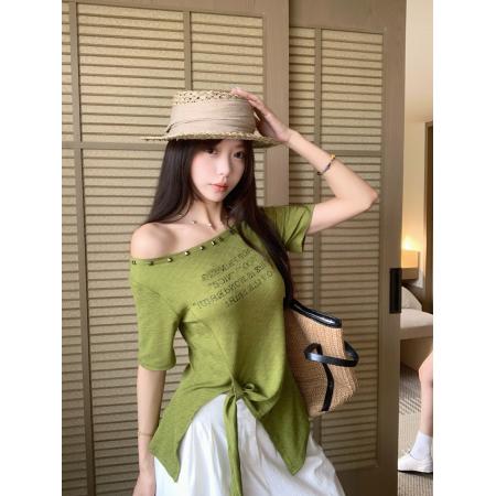 大码夏一字领露肩设计感胖MM短袖T恤不规则绑带收腰显瘦上衣 服裝批發女裝批發服飾貨源