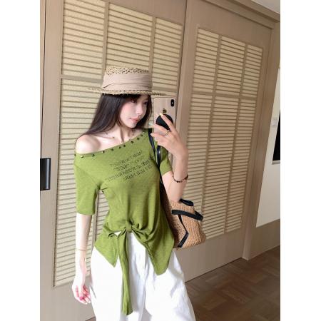 大码夏一字领露肩设计感胖MM短袖T恤不规则绑带收腰显瘦上衣 服裝批發女裝批發服飾貨源