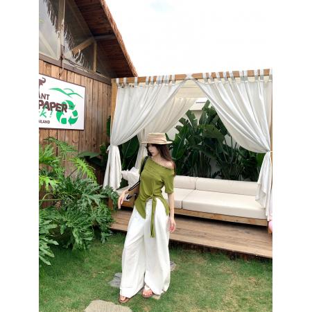 大码夏一字领露肩设计感胖MM短袖T恤不规则绑带收腰显瘦上衣 服裝批發女裝批發服飾貨源