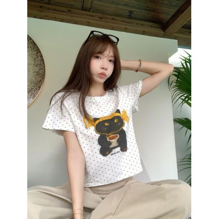 大码波点印花卡通胖MM短袖修身显瘦美式辣妹短袖上衣 服裝批發女裝批發服飾貨源