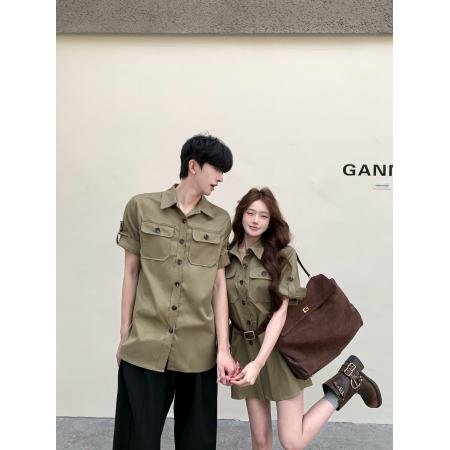 情侣装美式复古工装POLO领衬衫军绿色收腰连衣裙 服裝批發女裝批發服飾貨源