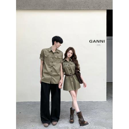 情侣装美式复古工装POLO领衬衫军绿色收腰连衣裙 服裝批發女裝批發服飾貨源